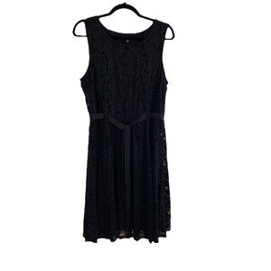 Sharagano Size 14P Sleeveless Floral Lace Tie Waist Ribbon Dress Navy Petite